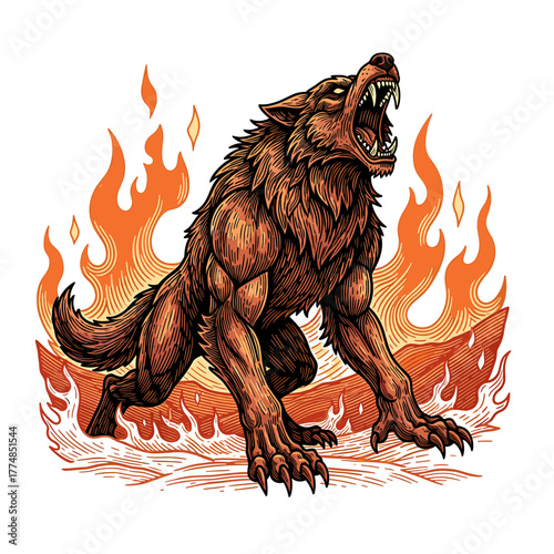 A muscular wolf creature roars fiercely amidst a fiery inferno.