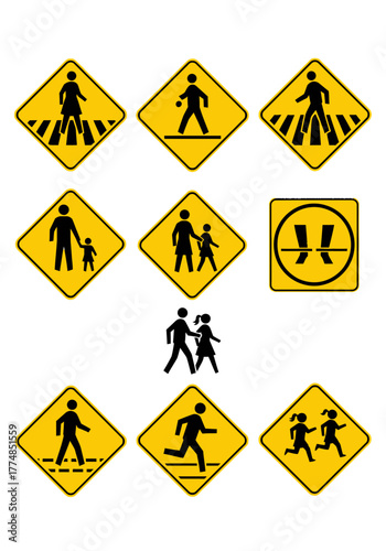 Collection of Yellow Pedestrian Crossing Warning Signs for Road Safety.