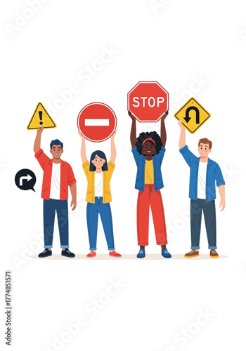 Diverse Group Holding Traffic Signs Demonstrating Road Safety.