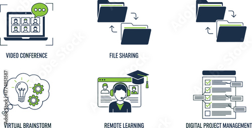 Digital Workplace and E-Learning Line Icon Set: Remote Collaboration, Video Conference, and Project Management Vector