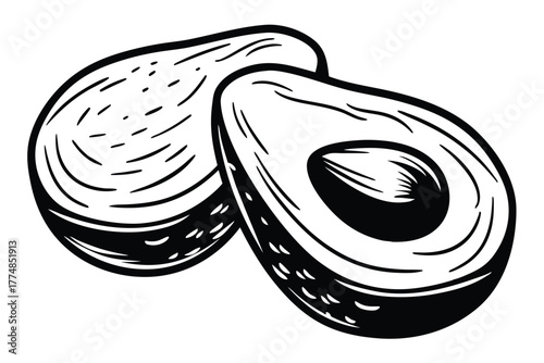 Two monochrome avocado halves are showcased, one with the seed, in artistic style
