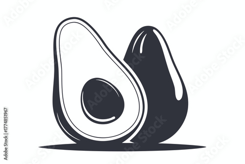 One sliced and a whole avocado appear in a stylized dark monochromatic image