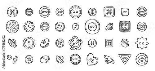 Sewing buttons line hand drawn doodle art icons set. Sewing accessories clothes various outline shapes. 