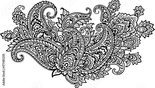 Intricate paisley floral motif design evoking timeless elegance and artisanal beauty for textile, fashion, and decor projects.