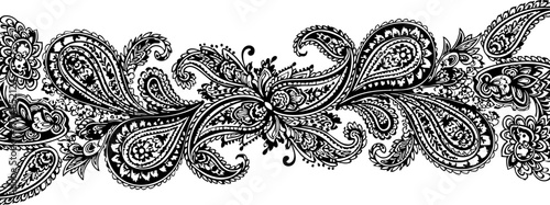 Exquisite black and white paisley border design offers timeless elegance for textiles, invitations, and decorative accents.
