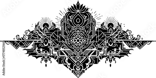 Intricate black filigree design evokes ancient mystique and modern artistry, perfect for elegant branding and sophisticated decor
