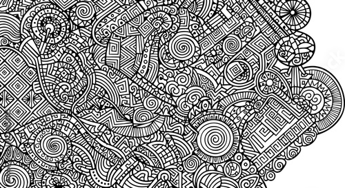 Intricate black and white abstract doodle art pattern, detailed geometric shapes and swirling organic forms, perfect for creative backgrounds and unique designs.
