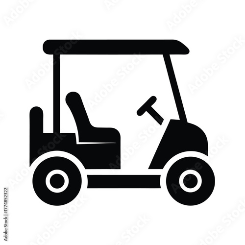 Simple black silhouette depicts a golf cart with roof and steering wheel on white