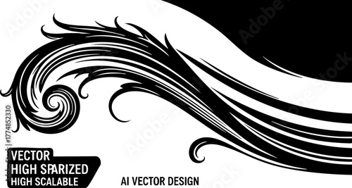Elegant black flourish design with dynamic swirling lines, perfect for sophisticated branding and decorative accents, adding artistic flair.