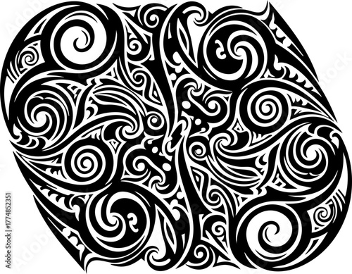 Intricate tribal tattoo design with bold black swirling patterns evoking primal energy and cultural artistry
