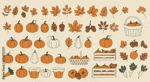 Cozy autumn vector set with pumpkins, leaves, pies, and seasonal elements. Great for fall decor, social media, and product packaging.