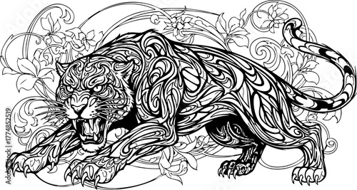 Powerful stylized panther with intricate tribal patterns stalks forward amidst elegant floral flourishes, exuding raw energy and fierce beauty.