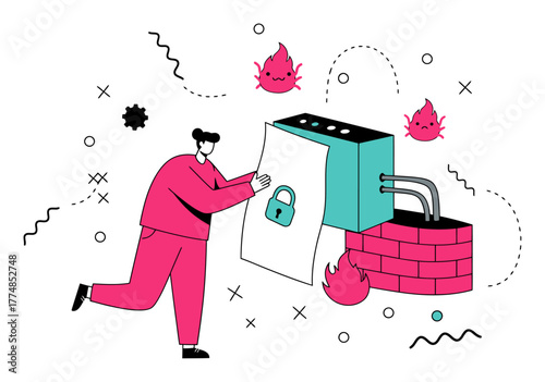 Person Blocking Malware with Firewall, Minimalist Vector Illustration