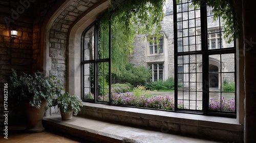 Fototapeta Naklejka Na Ścianę i Meble -    A window displaying a building and garden view, with a potted plant on the sill
