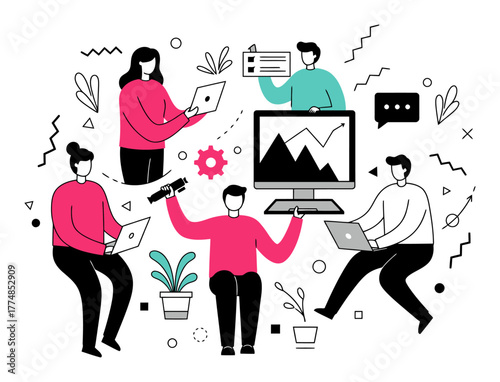 Minimalist Flat Vector Illustration of Person Collaborating with Industry Peers