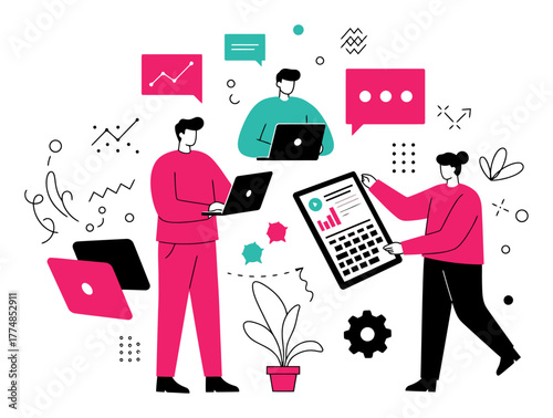 Minimalist Flat Vector Illustration of Person Collaborating with Industry Peers