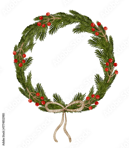 Festive christmas wreath with red berries and burlap bow decor.