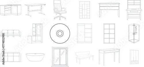 Assortment of furniture designs and technical drawings