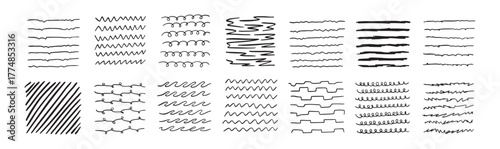 Lines by pen Hand drawn black Doodle strokes, underlines by pencil. Brush scribbles, frames, borders, design elements.