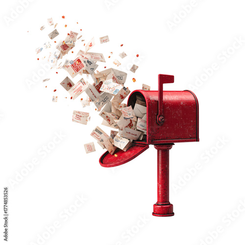 Red mailbox overflowing with letters addressed to Santa Isolated on transparent Background.