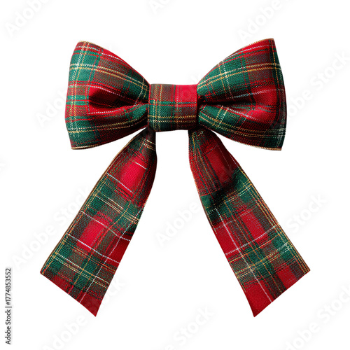 Red and green plaid ribbon tied into a perfect bow with trailing ends Isolated on transparent Background.