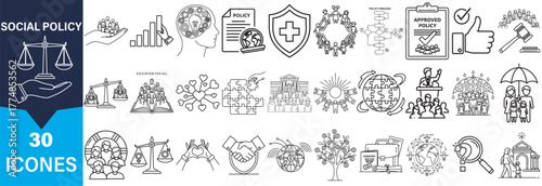 A grid of 30 hand-drawn icons representing social policy concepts, presented in a clear silhouette style.