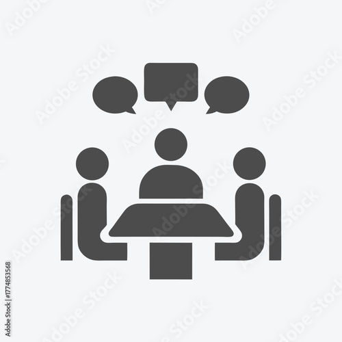 Three people convene around a triangular table discussing ideas in a black glyph