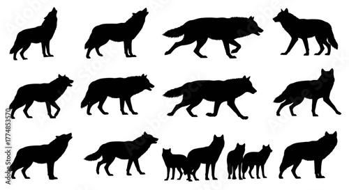 Silhouetted wolves in various poses, including howling and walking.