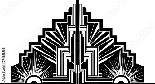 Elegant Art Deco sunburst motif design, perfect for vintage posters, invitations, and sophisticated branding projects seeking a glamorous retro feel.