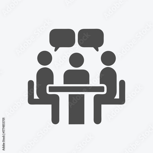 Three faceless people sitting at a table with thought bubbles above them, having discussion