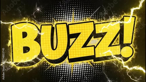 A bright yellow buzz text with exclamation point on a black and white halftone background design element