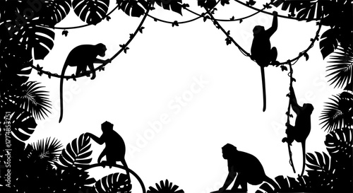 Silhouette of monkeys in a jungle setting with vines and foliage.