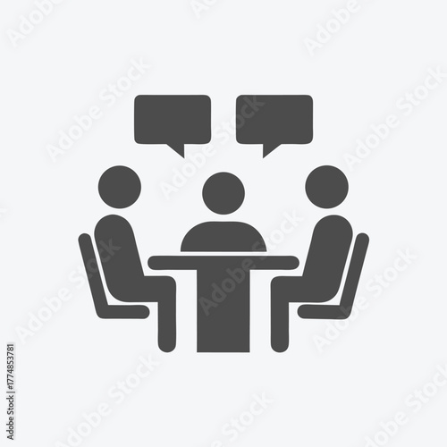 Three figures sitting around a table discussing concepts, shown with speech bubbles above them