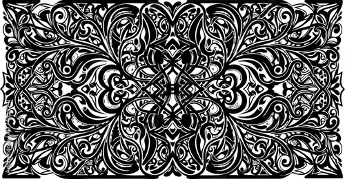 Intricate black and white ornamental flourish design evokes timeless elegance and sophisticated decorative artistry