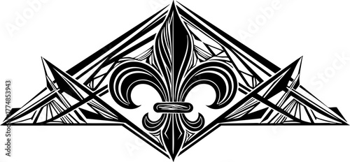 Elegant art deco fleur de lis emblem with geometric patterns and sharp lines conveying sophistication and historical prestige