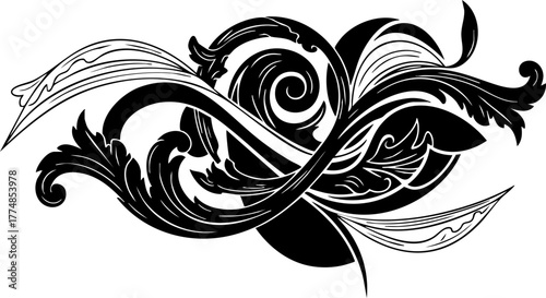 Elegant black and white decorative flourish with swirling floral motifs, perfect for sophisticated branding and artistic design projects.