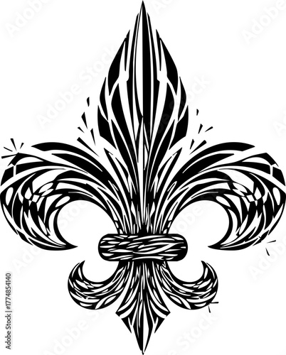 Elegant black and white ornate fleur de lis symbol design perfect for regal branding and historical motifs