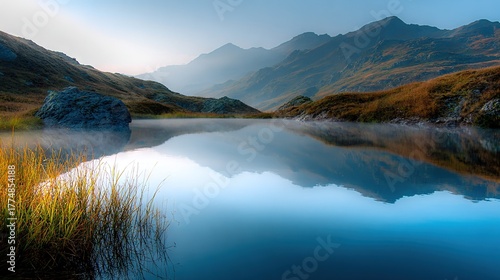  mountains encircling a serene body of water, lush green grass in the foreground, and a clear blue sky overhead