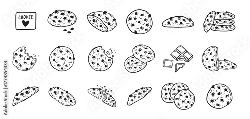 Chocolate chips cookie hand drawn doodle icon set. Drawing black and white sketch biscuit. Chocolate biscuit collection.