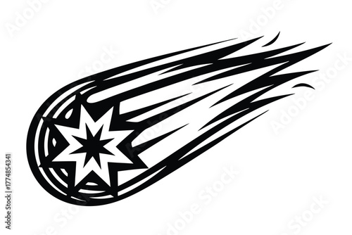 Sharp black starburst swiftly streaks across space with trails in a monochrome drawing