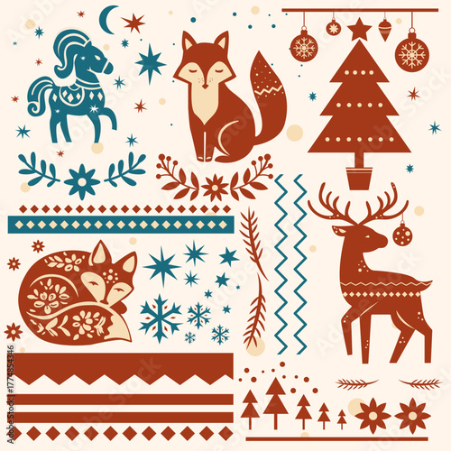 retro flat set of christmas decor elements in scandinavian style. simple vintage group with xmas details