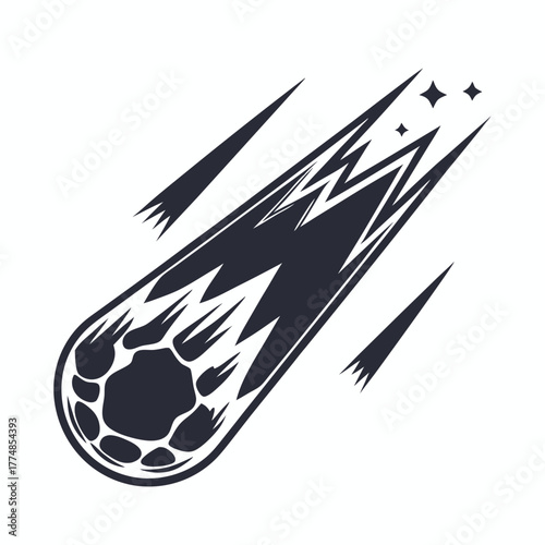 The grayscale asteroid hurtles swiftly, leaving a bright trail and fiery fragmentations behind it