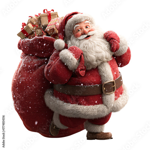 3D Santa Claus carrying a big sack of gifts with a snowy beard and twinkling eyes Isolated on transparent Background.