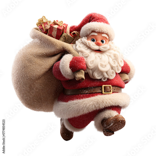 3D Santa Claus carrying a big sack of gifts with a snowy beard and twinkling eyes Isolated on transparent Background.