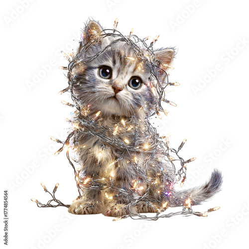 Adorable kitten tangled in tinsel and twinkling fairy lights Isolated on transparent Background.