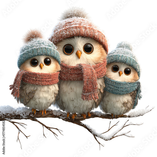 Adorable owl family nestled together on a snowy branch with hats and scarves Isolated on transparent Background.