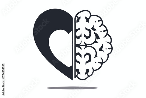 Stylized brain icon inside a dark heart and with emanating shapes evokes intelligence