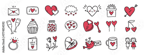 cute Valentine day with hearts, love, flowers, birds, lovers doodle hand drawn icon set. Outline drawing Valentines day line clipart symbol collection