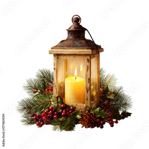 Candle lantern glowing softly against a backdrop of pine sprigs and berries Isolated on transparent Background.