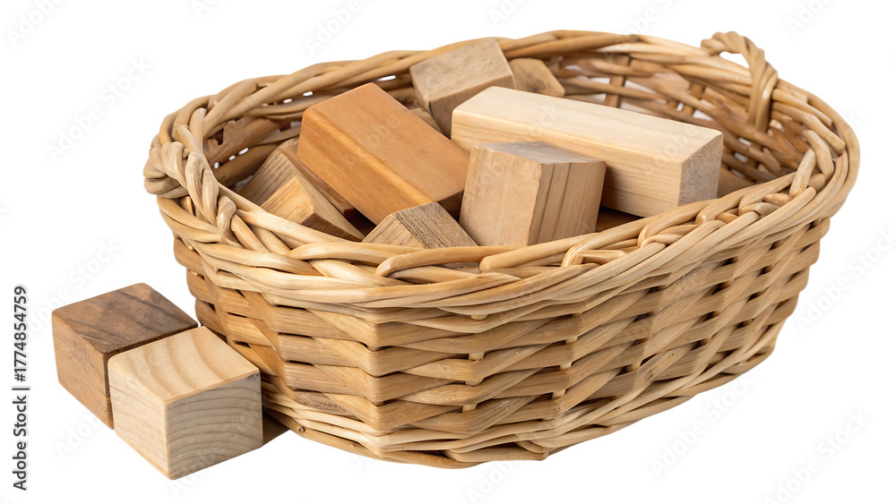 Obraz premium Rustic basket brimming with handcrafted wooden blocks cut out on PNG. AI GENERATED.